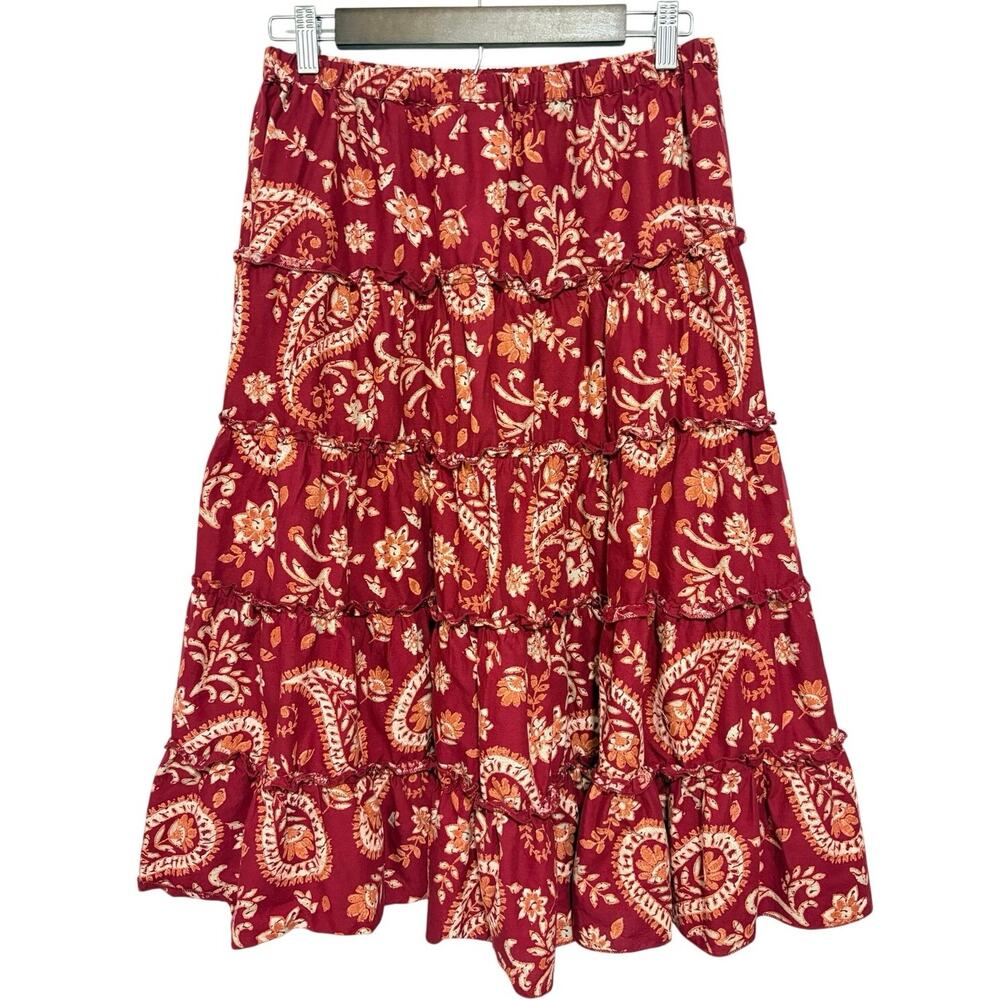 Sonoma Womens PM Red Paisley Floral Tiered Midi Skirt Elastic Waist Cotton